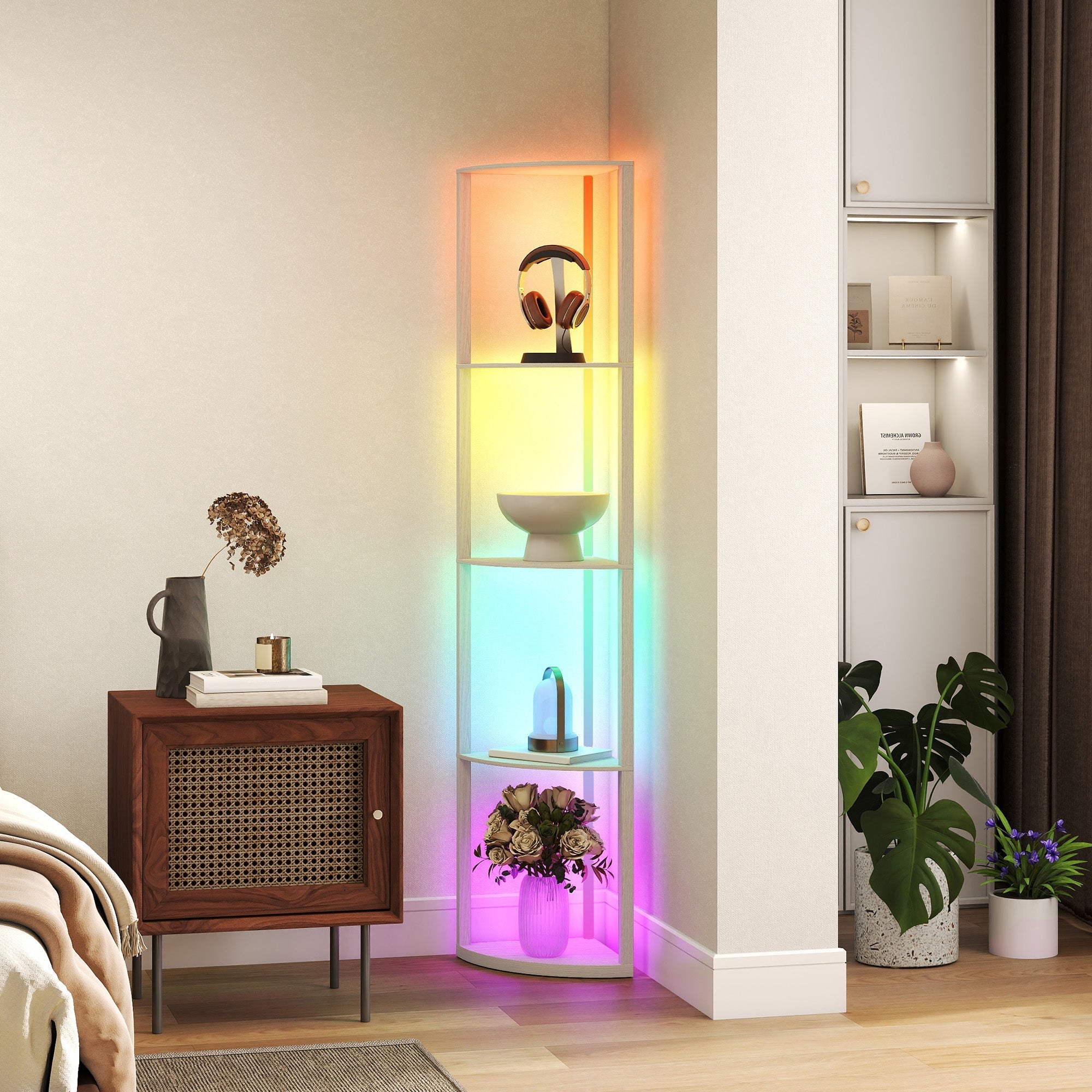 Modern white floor lamp with oak shelves and rainbow led lighting featuring remote control and max load display unit