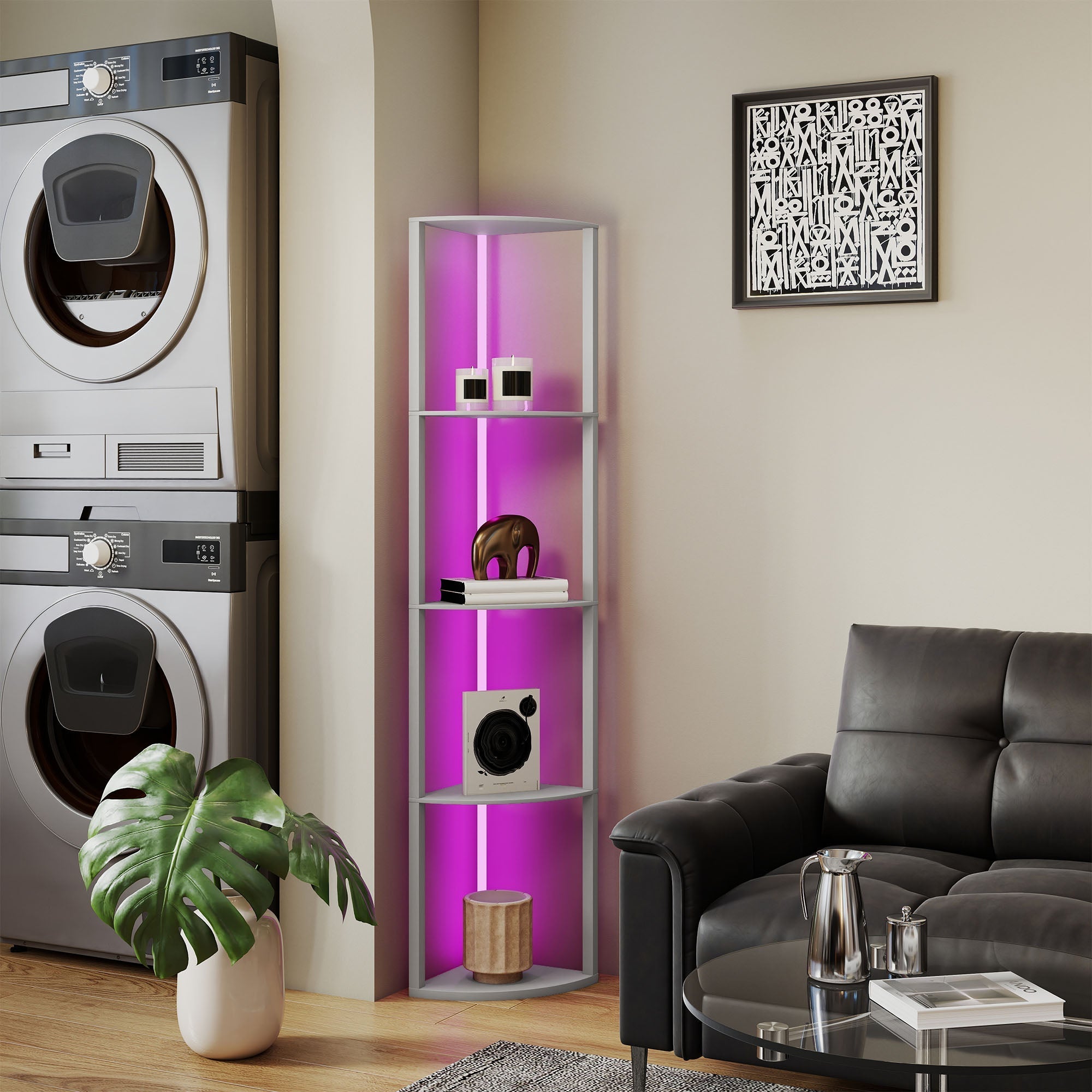 Silver floor lamp corner shelf with purple led lighting remote control and maximum load for living room use