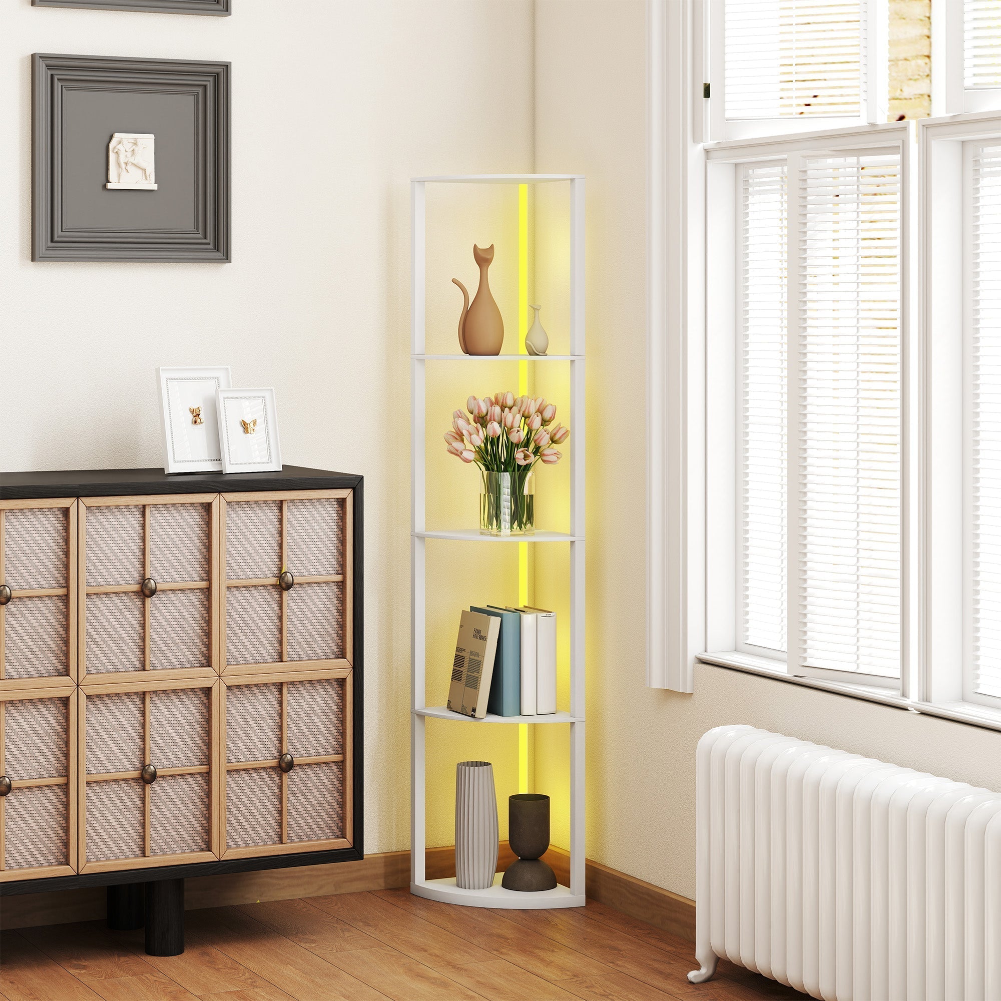 White corner floor lamp with four shelves and yellow led light strip featuring remote control and max load capacity