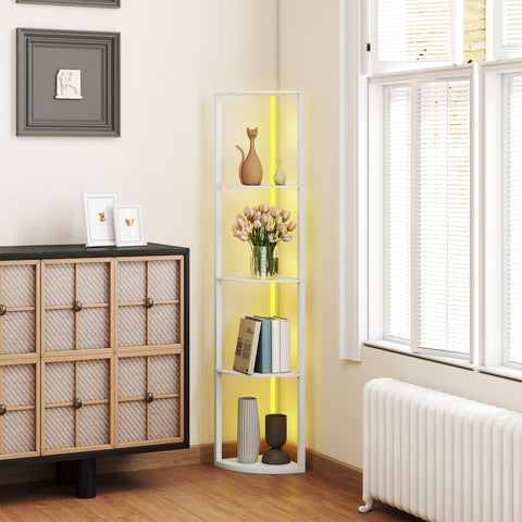 White corner floor lamp with four shelves and yellow led light strip featuring remote control and max load capacity