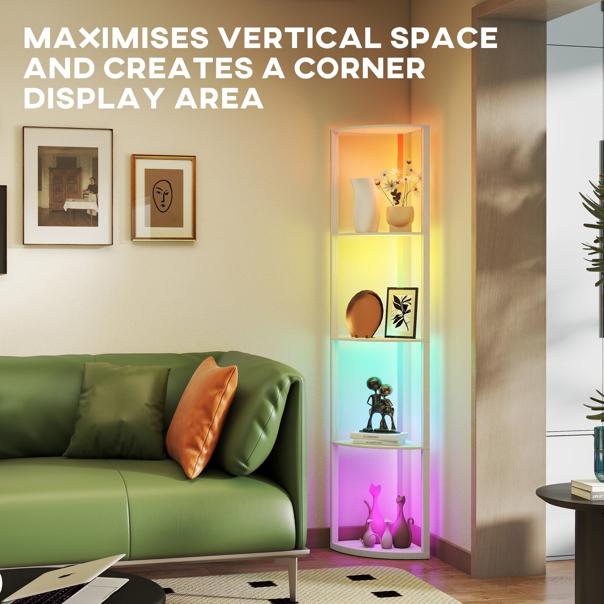 Modern oak floor lamp with shelves and rgb led lighting featuring remote control for living room corner display