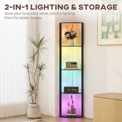 Black HOMCOM floor lamp with remote control features four illuminated shelves with max load for corner display