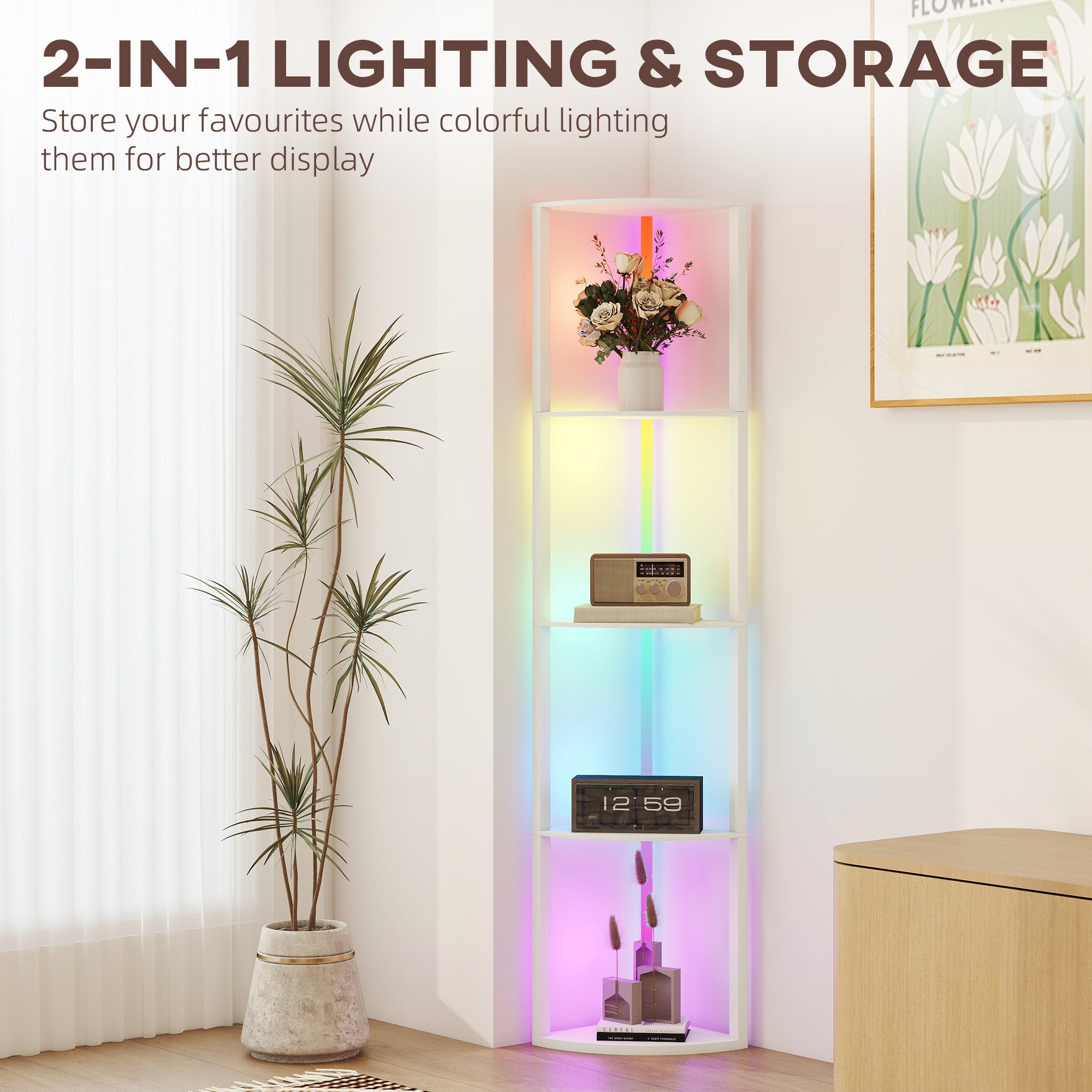 Corner shelf floor lamp with white frame and translucent shelves lit by colorful rgb led lights with remote control and max load