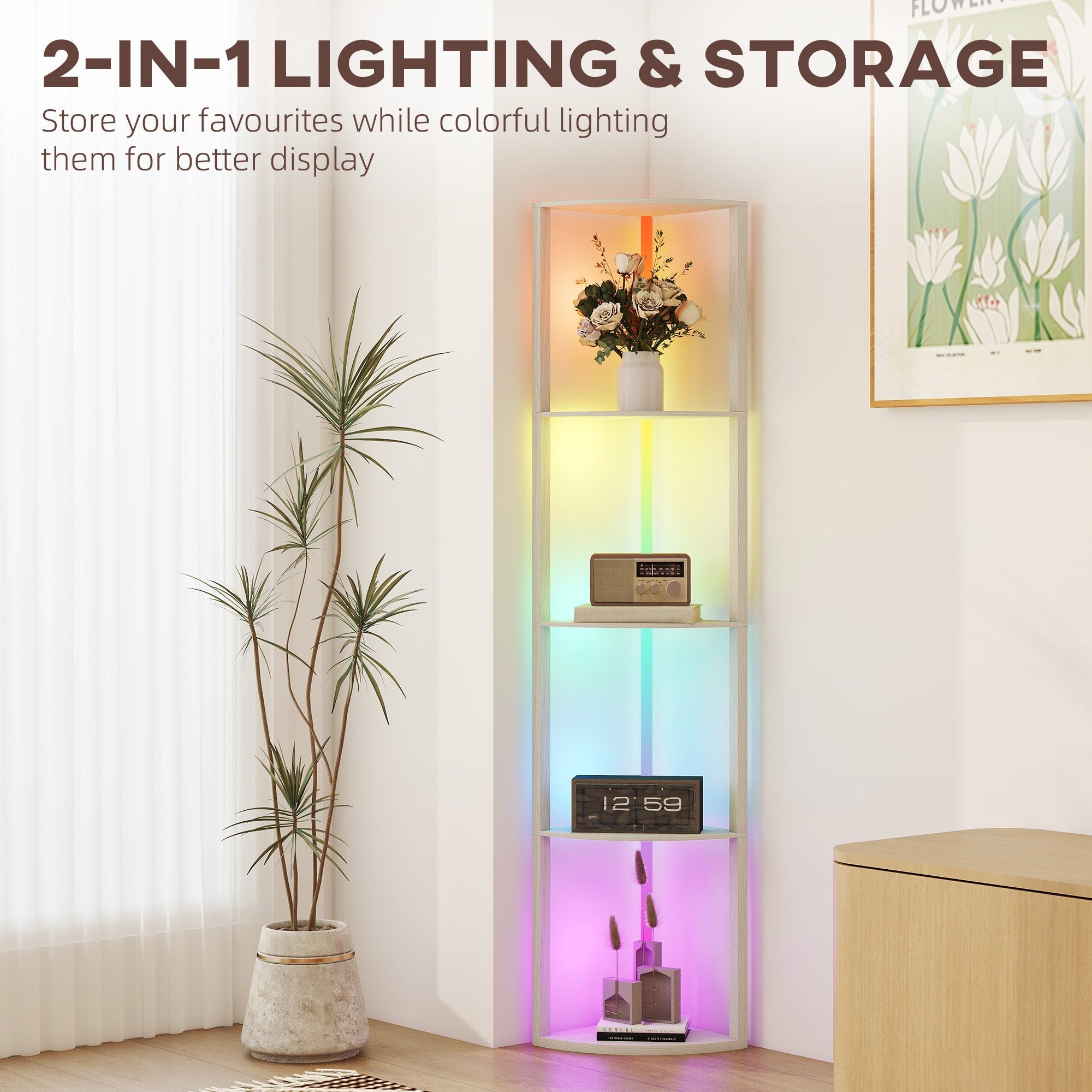 Oak homcom rgb led floor lamp with remote control corner shelf displaying items with dimmable brightness and max load