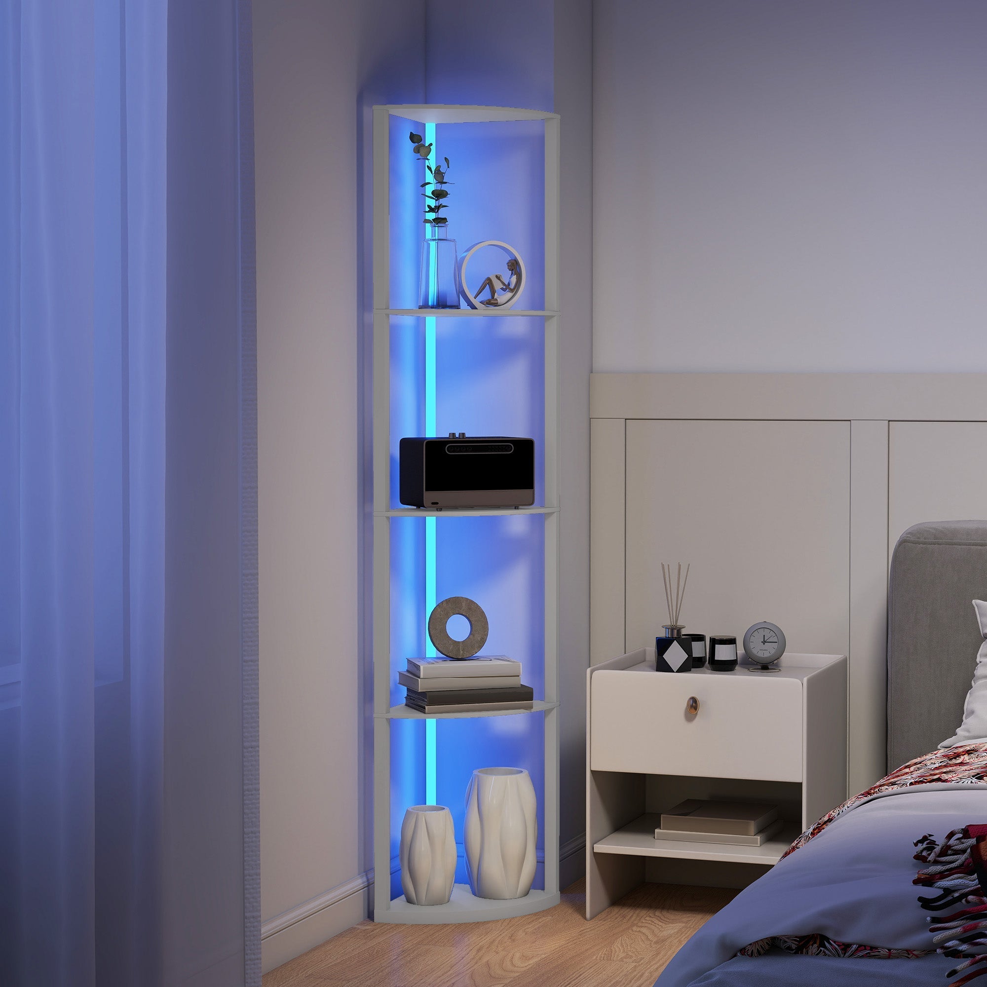 White corner floor lamp with blue led lighting remote control and 5-tier shelves grey modern display unit maximum load