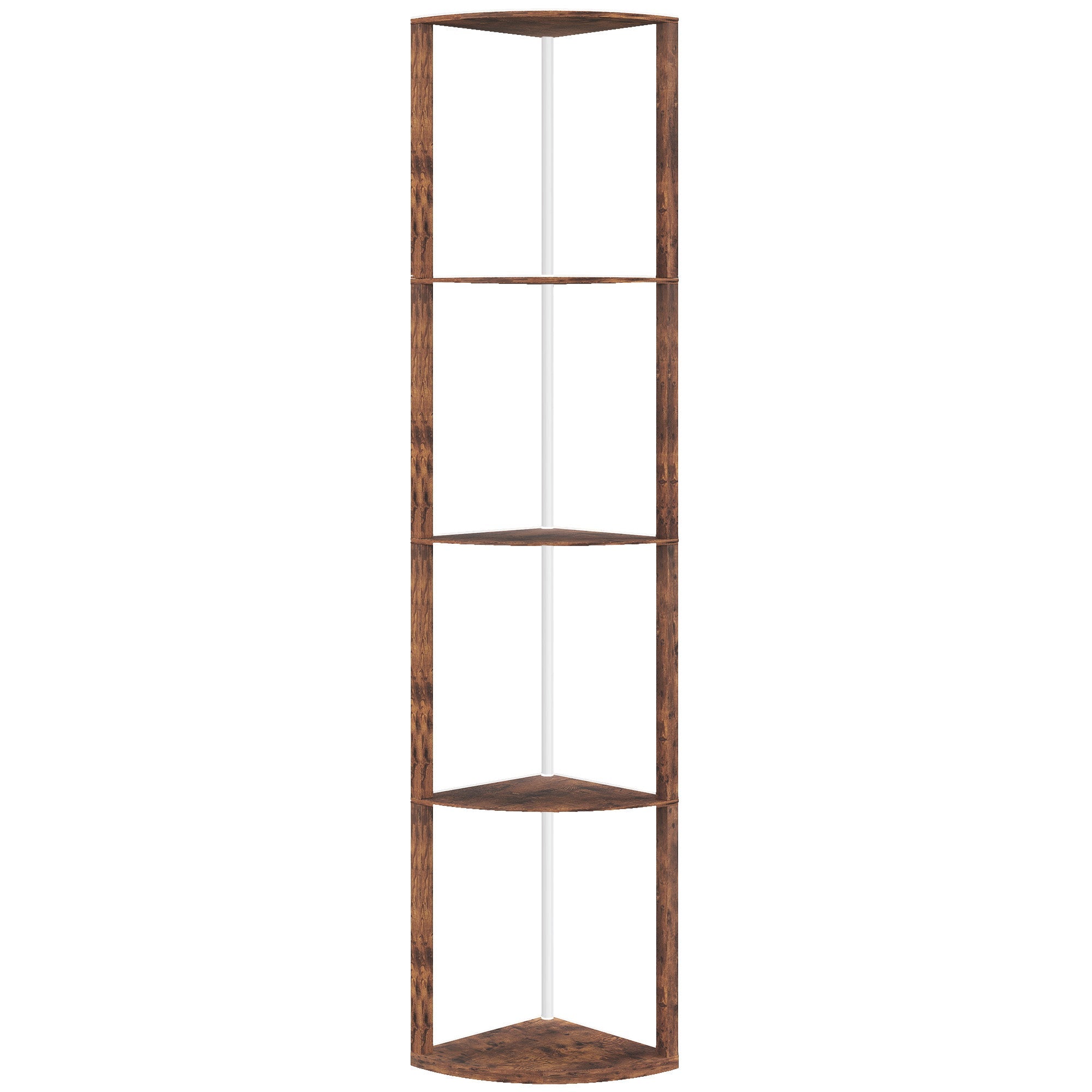 Rustic brown wooden floor lamp with shelves and remote control for adjustable brightness in living room use