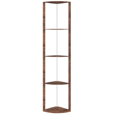Rustic brown wooden floor lamp with shelves and remote control for adjustable brightness in living room use