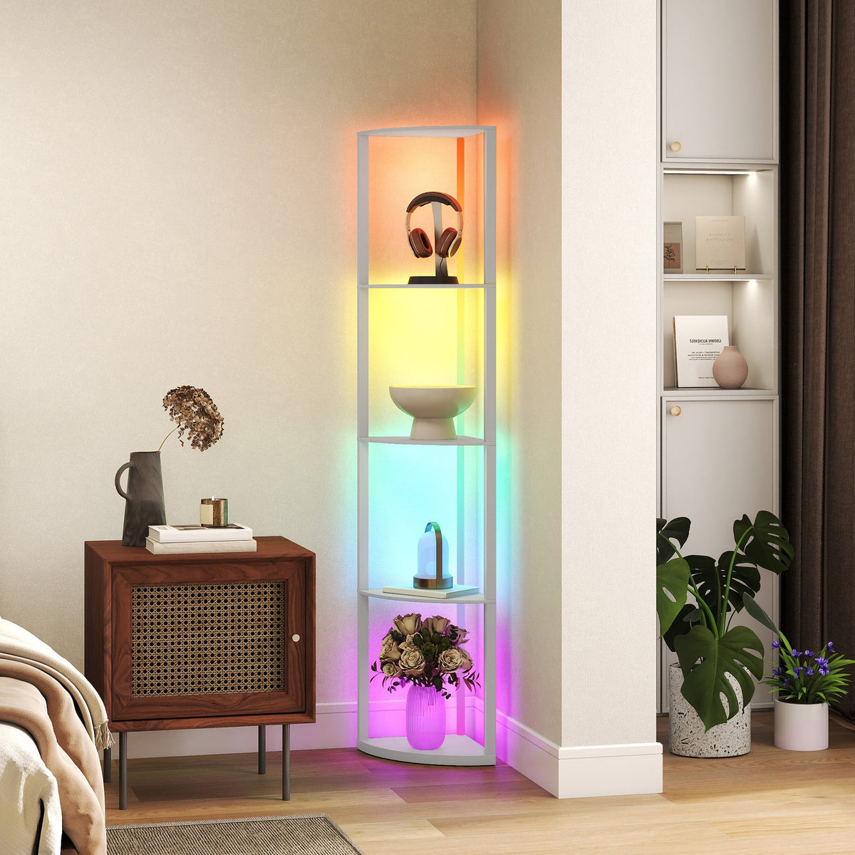 White corner floor lamp with rainbow led lighting and remote control featuring 5-tier shelves for living room decor