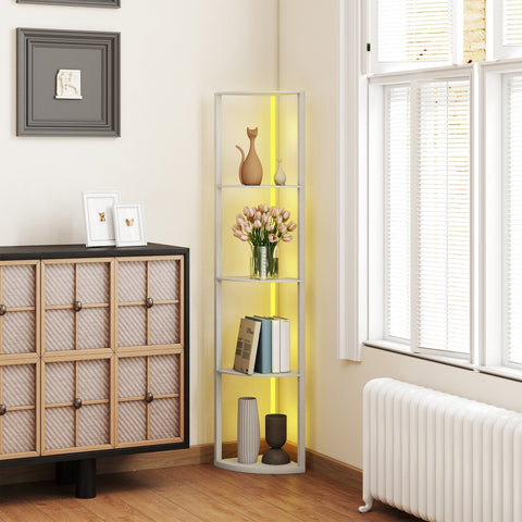 Modern corner floor lamp with illuminated yellow backlighting white frame remote control for living room oak shelves