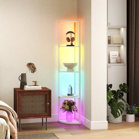 Modern white floor lamp with glass shelves and rgb led lights in a living room, remote control for brightness adjustment
