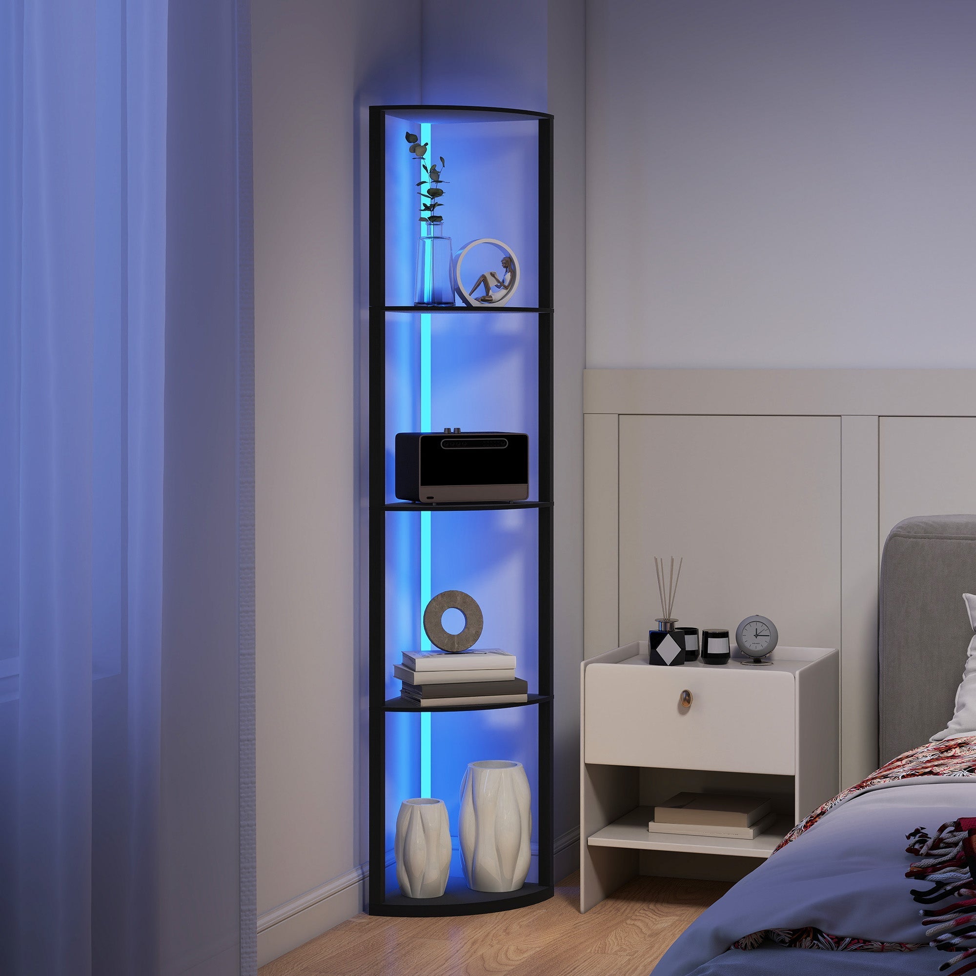 Black corner floor lamp with glass shelves and blue led lighting featuring remote control and high maximum load capacity