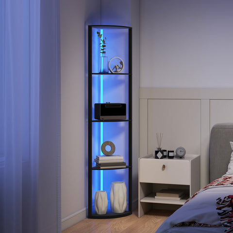 Black corner floor lamp with glass shelves and blue led lighting featuring remote control and high maximum load capacity