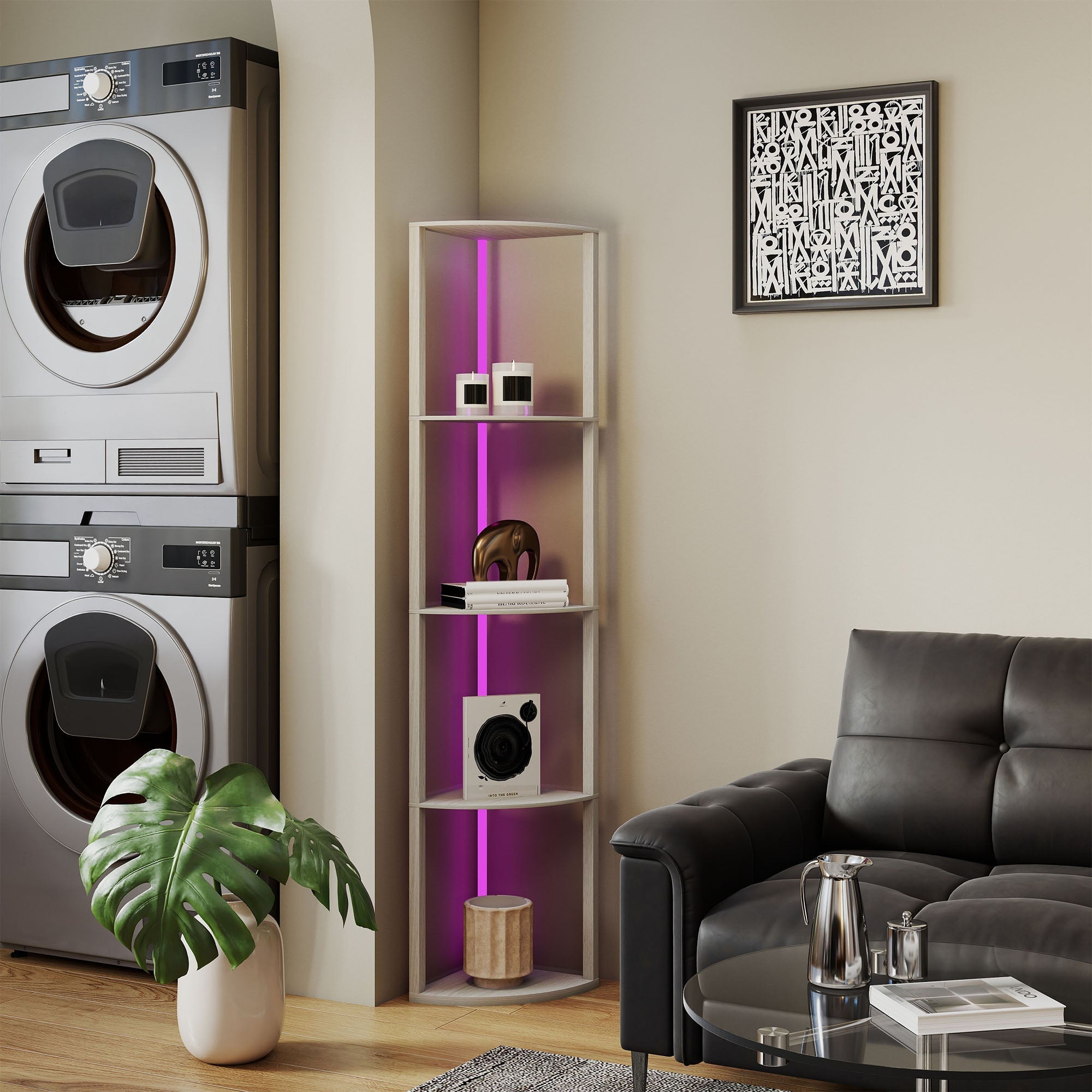 Modern white oak floor lamp with purple led lighting and remote control for living room corner display shelf unit