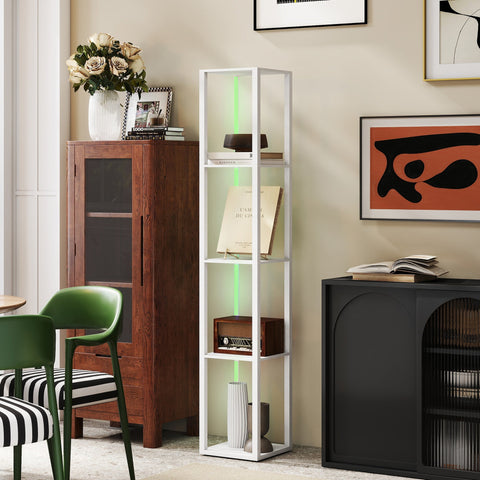 White modern bookshelf with vertical green rgb led floor lamp lighting and remote control for living room use
