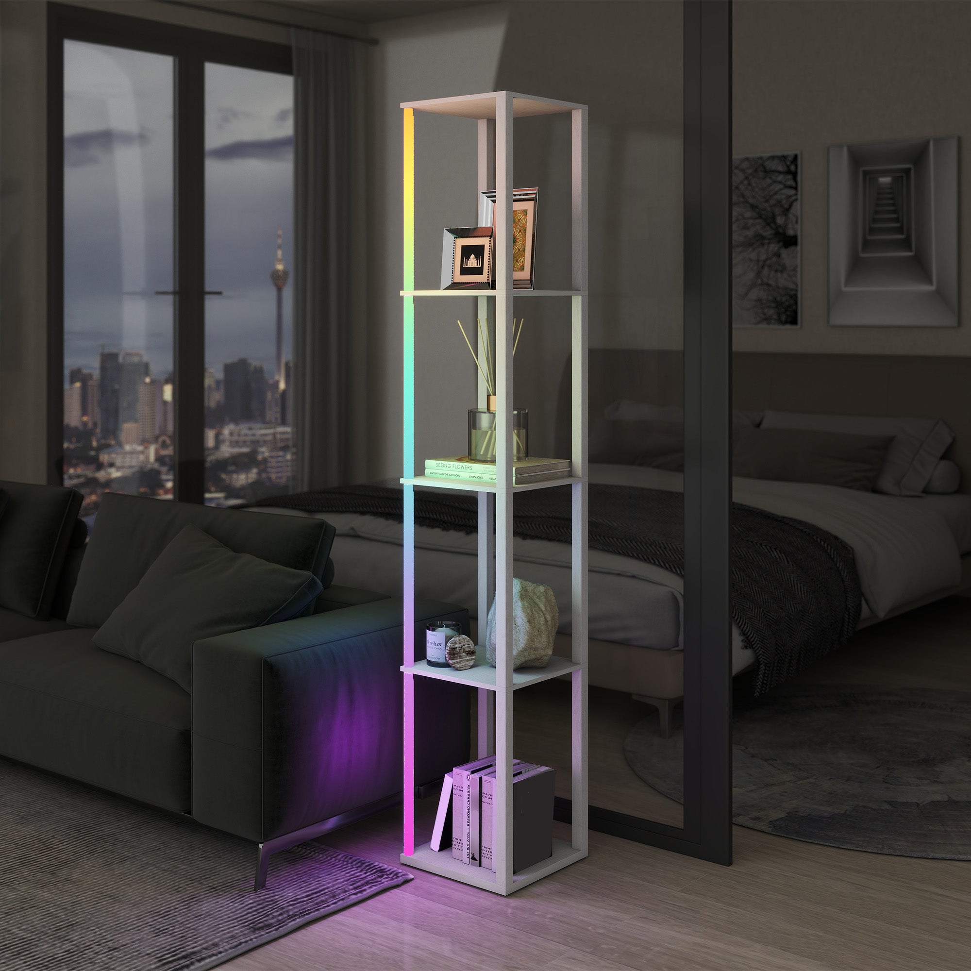 White rgb led floor lamp with remote control featuring a modern led-lit shelving unit and four open shelves