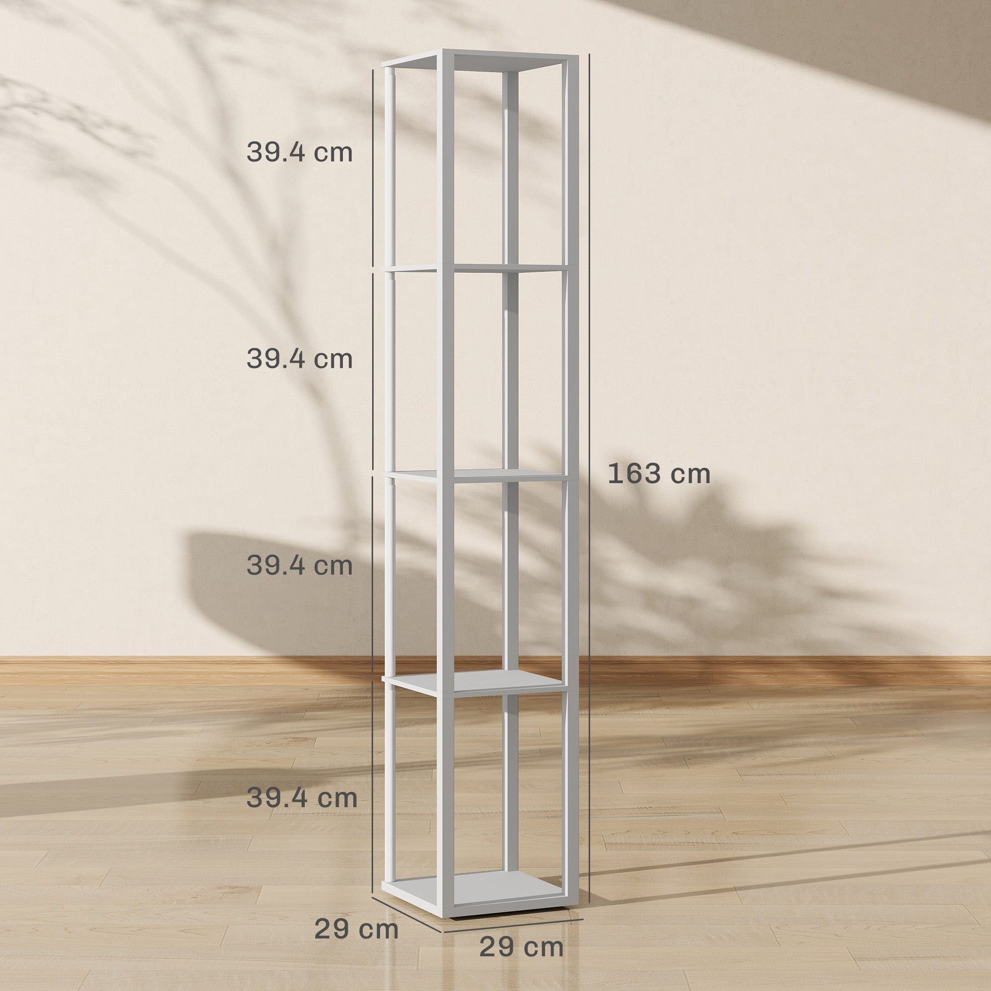 White metal floor lamp with rgb led lights and four shelves features remote control for adjustable brightness and speed