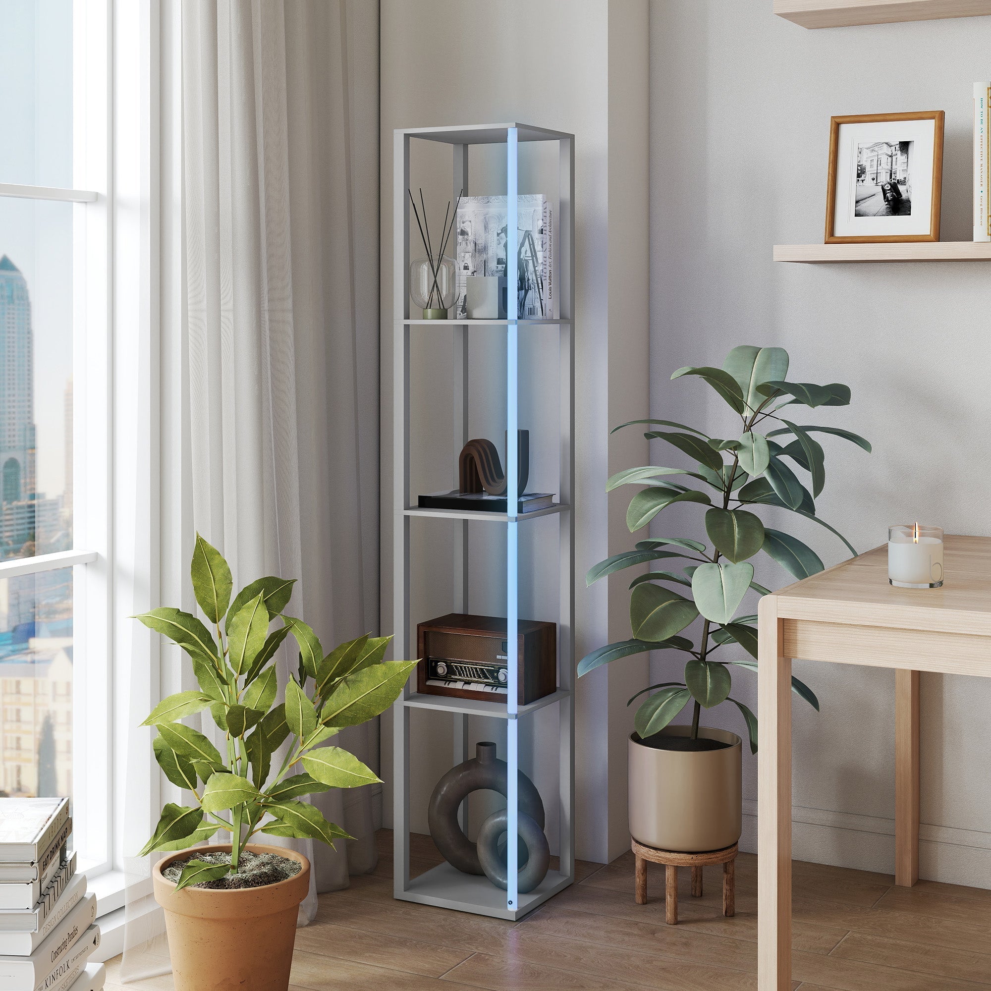 Modern silver metal corner shelf with four glass shelves in grey rgb led floor lamp with remote control for living room