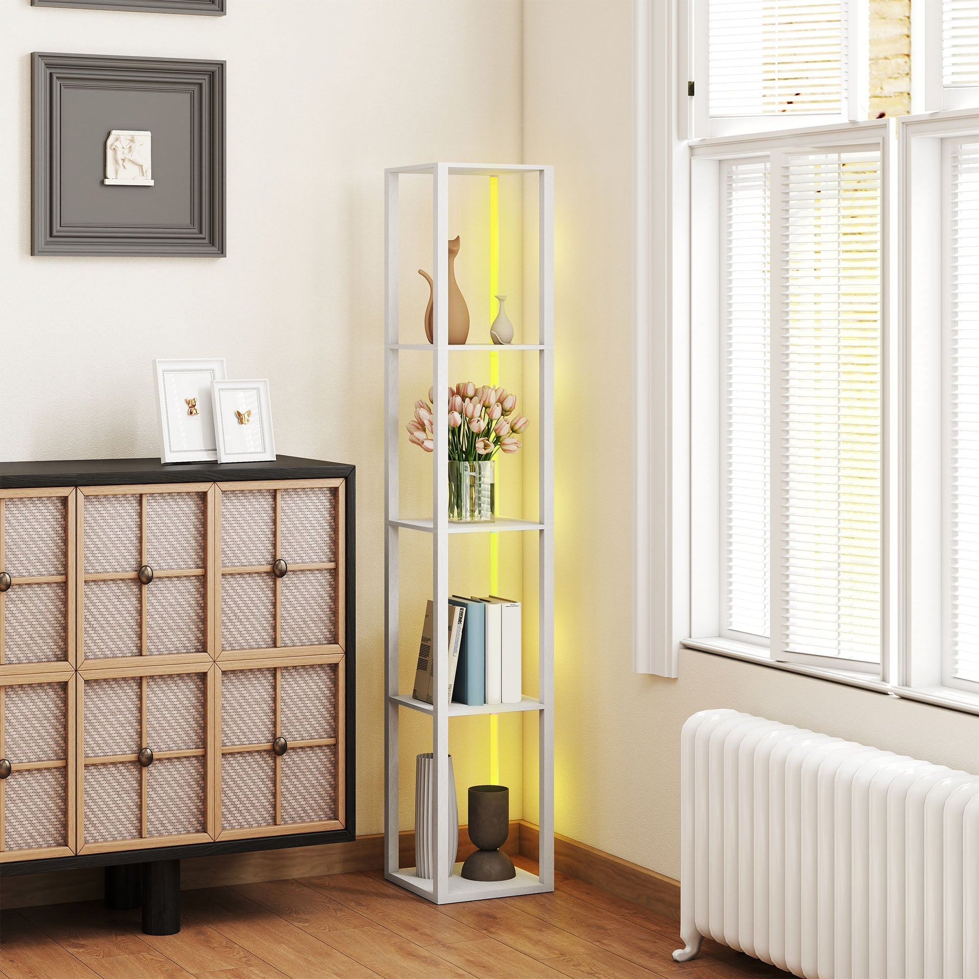 White metal corner shelf floor lamp with rgb led yellow backlighting and remote control for living room decor