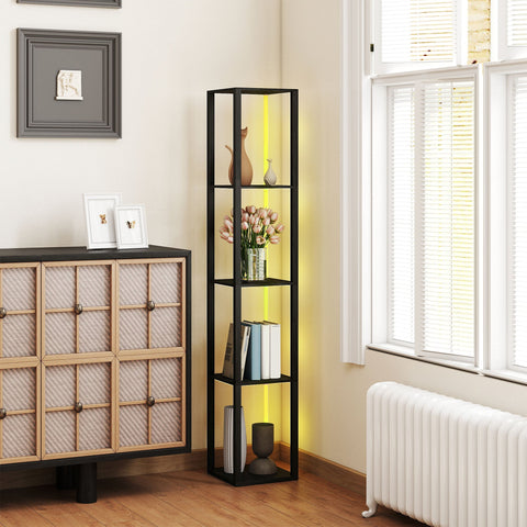 Black metal corner shelf with rgb led yellow backlighting and remote control in modern dimmable floor lamp for living room