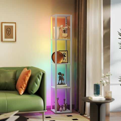 White multi-tiered shelving unit with colorful rgb led floor lamp edges and remote control for modern living spaces