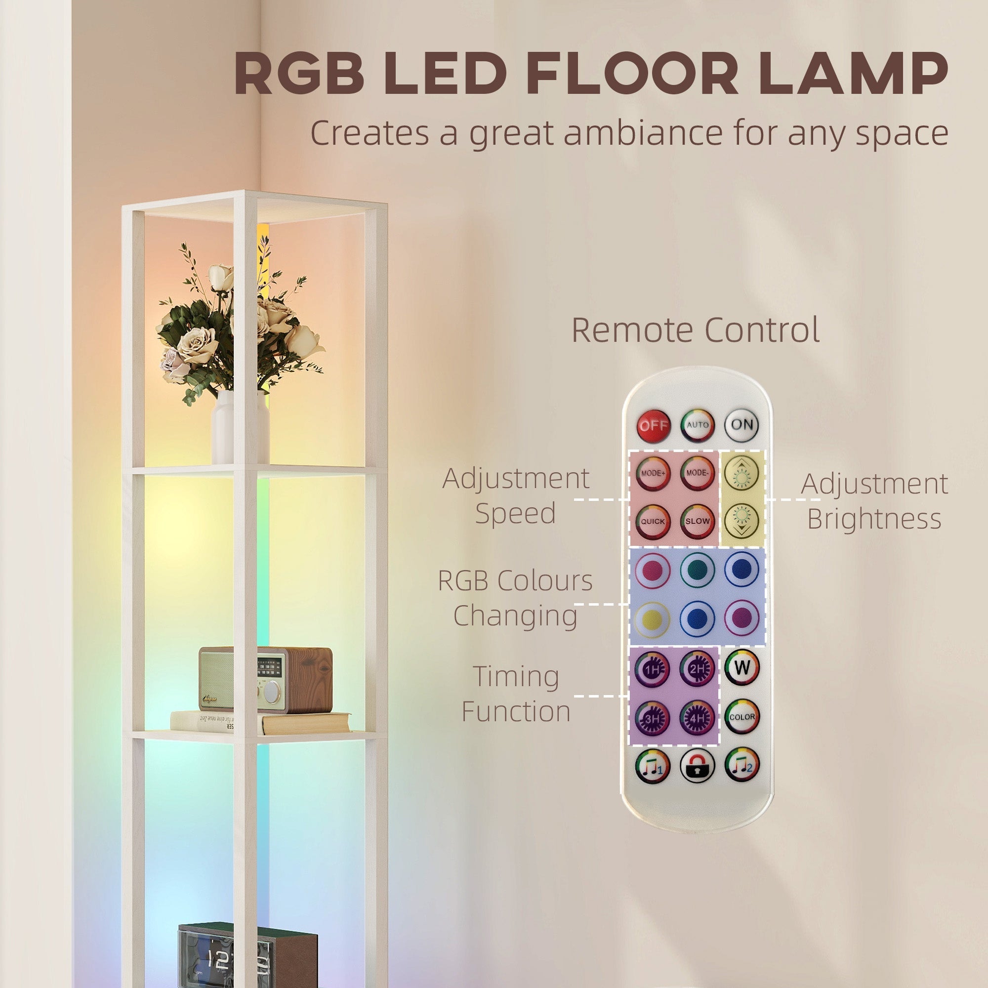 White-framed rgb led floor lamp with shelves featuring remote control for color brightness and timing adjustments