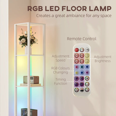 White-framed rgb led floor lamp with shelves featuring remote control for color brightness and timing adjustments