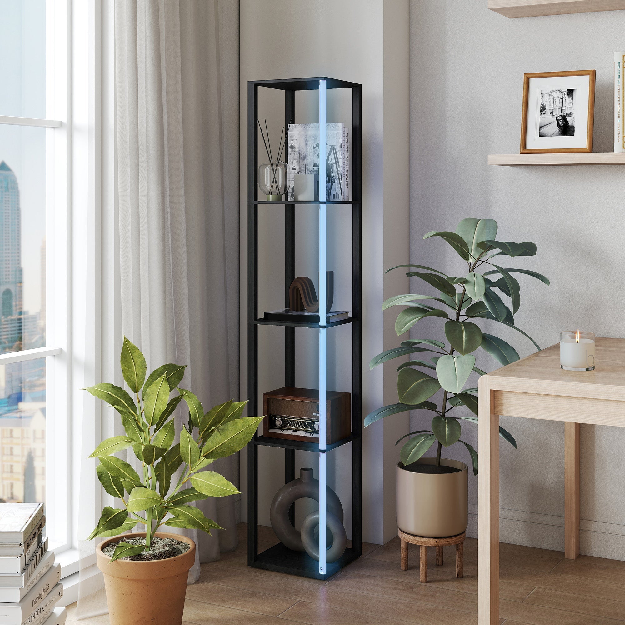 Black metal corner floor lamp with glass shelves and blue rgb led strip with remote control for living room use