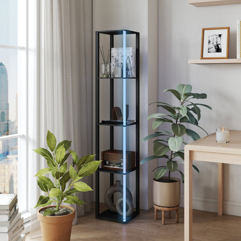 Black metal corner floor lamp with glass shelves and blue rgb led strip with remote control for living room use