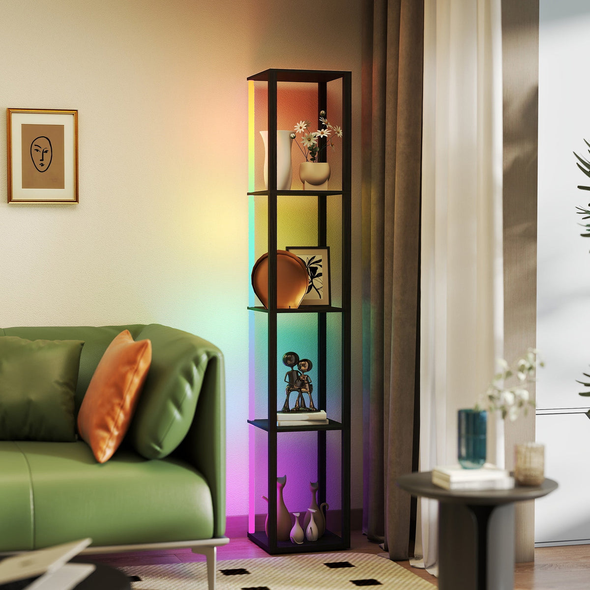 Black metal shelving unit with colorful rgb led lighting edges and remote control floor lamp for living room use