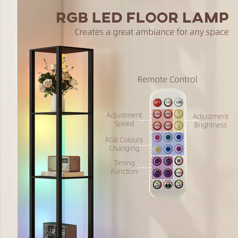 Black-framed rgb led floor lamp with glass shelves and remote control for adjustable brightness and color lighting