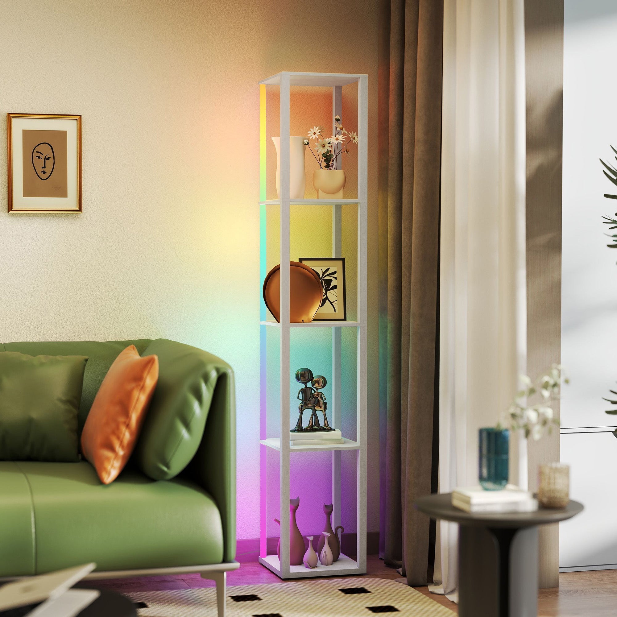 White multi-tiered shelving floor lamp with rgb led lighting edges and remote control for living room use