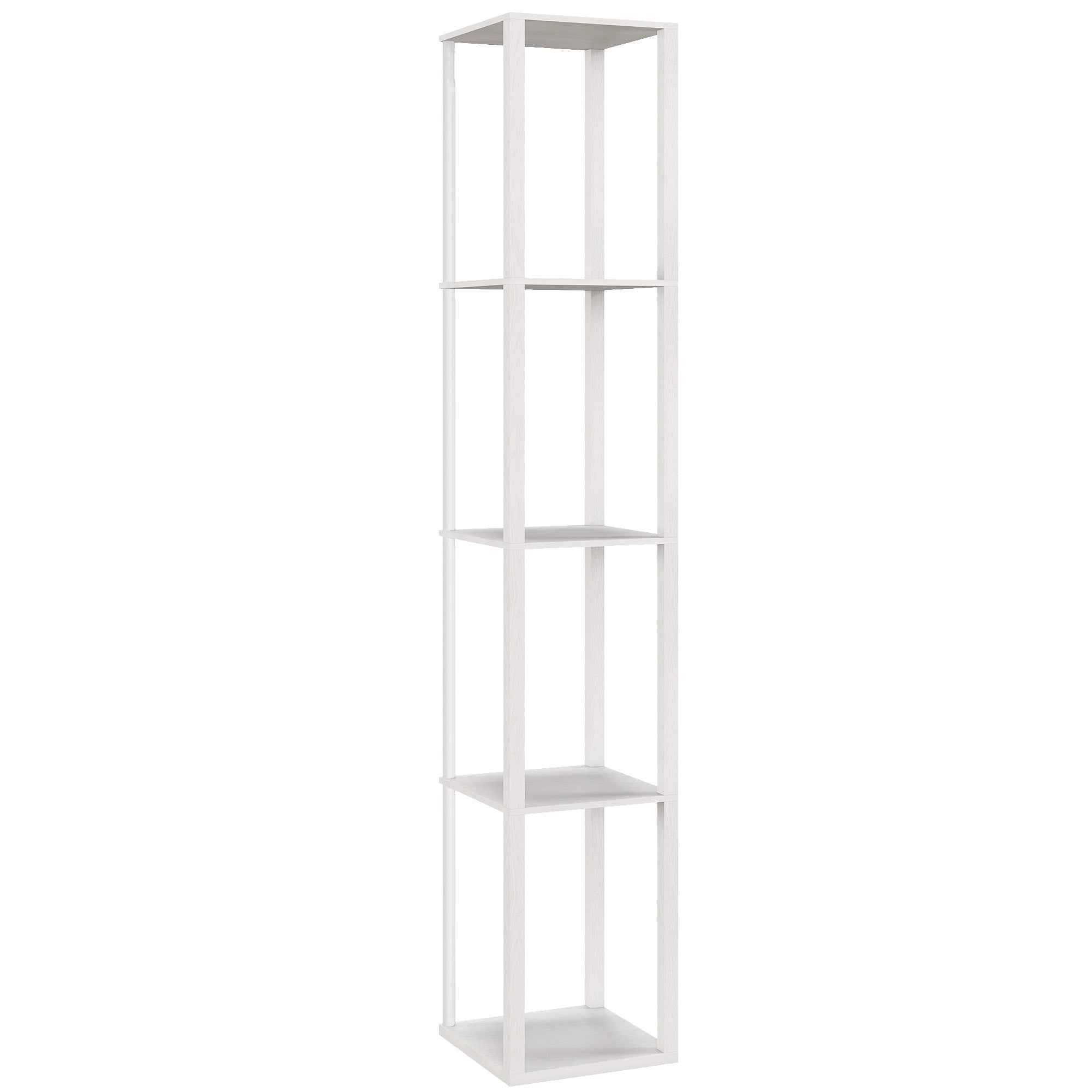 White minimalist floor lamp with rgb led and four square shelves featuring remote control for adjustable lighting