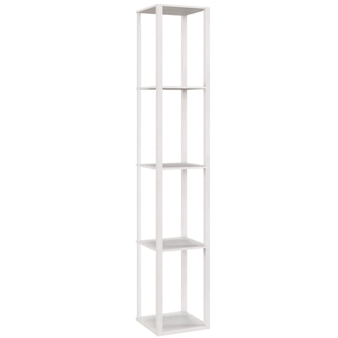 White minimalist floor lamp with rgb led and four square shelves featuring remote control for adjustable lighting