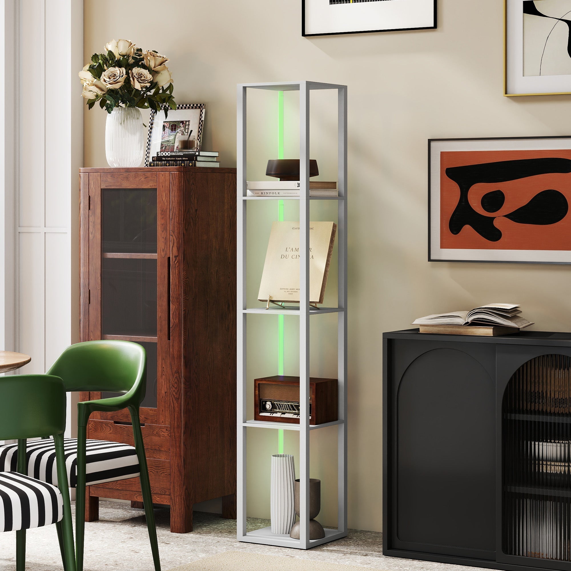 Modern silver metal rgb led floor lamp with vertical green lighting and open shelves with remote control for living room