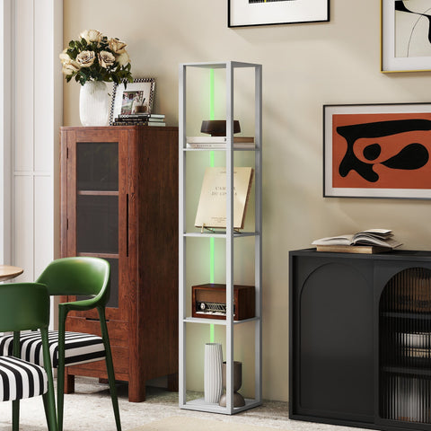 Modern silver metal rgb led floor lamp with vertical green lighting and open shelves with remote control for living room