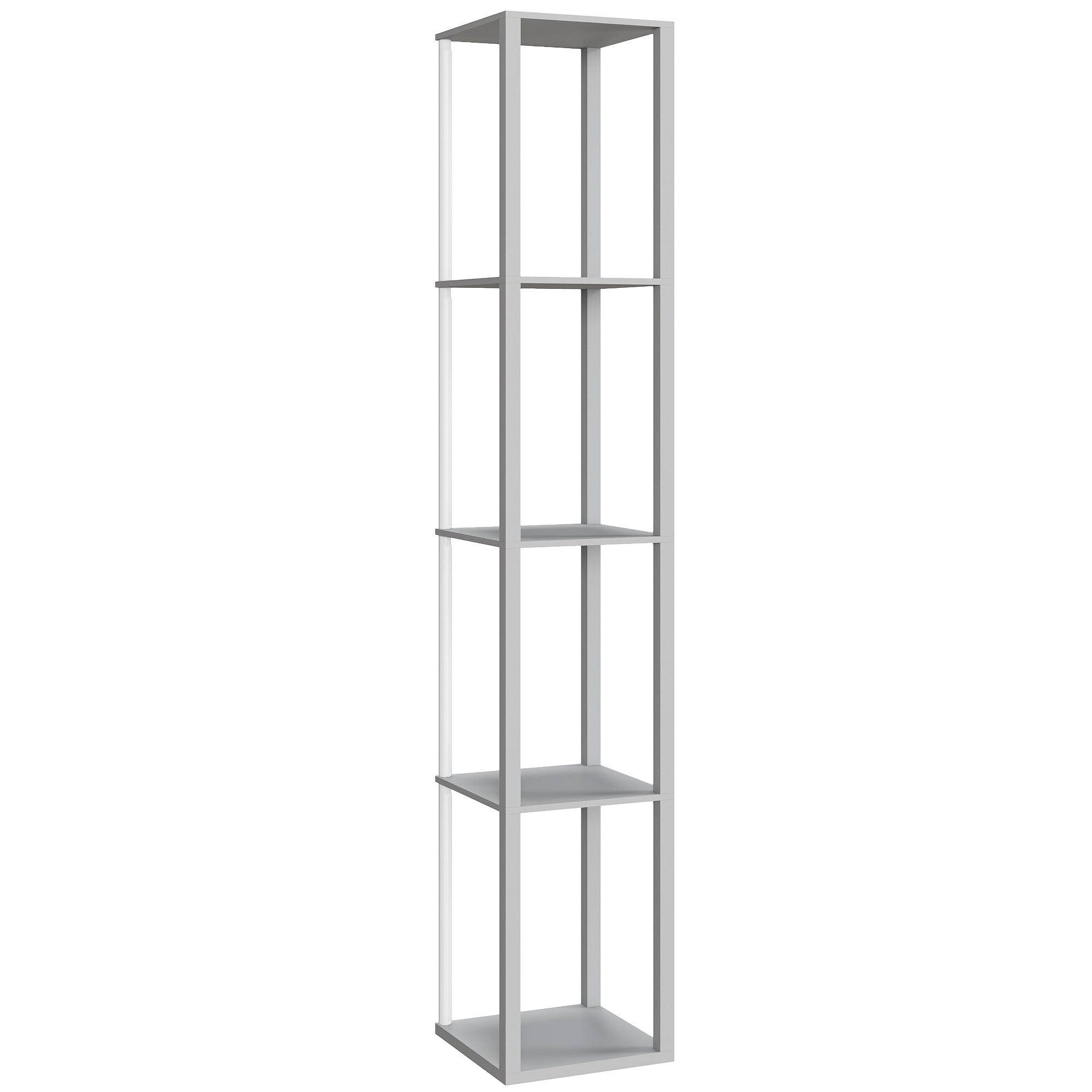 Modern gray metal bookshelf with four shelves featured with a homcom rgb led floor lamp with remote control