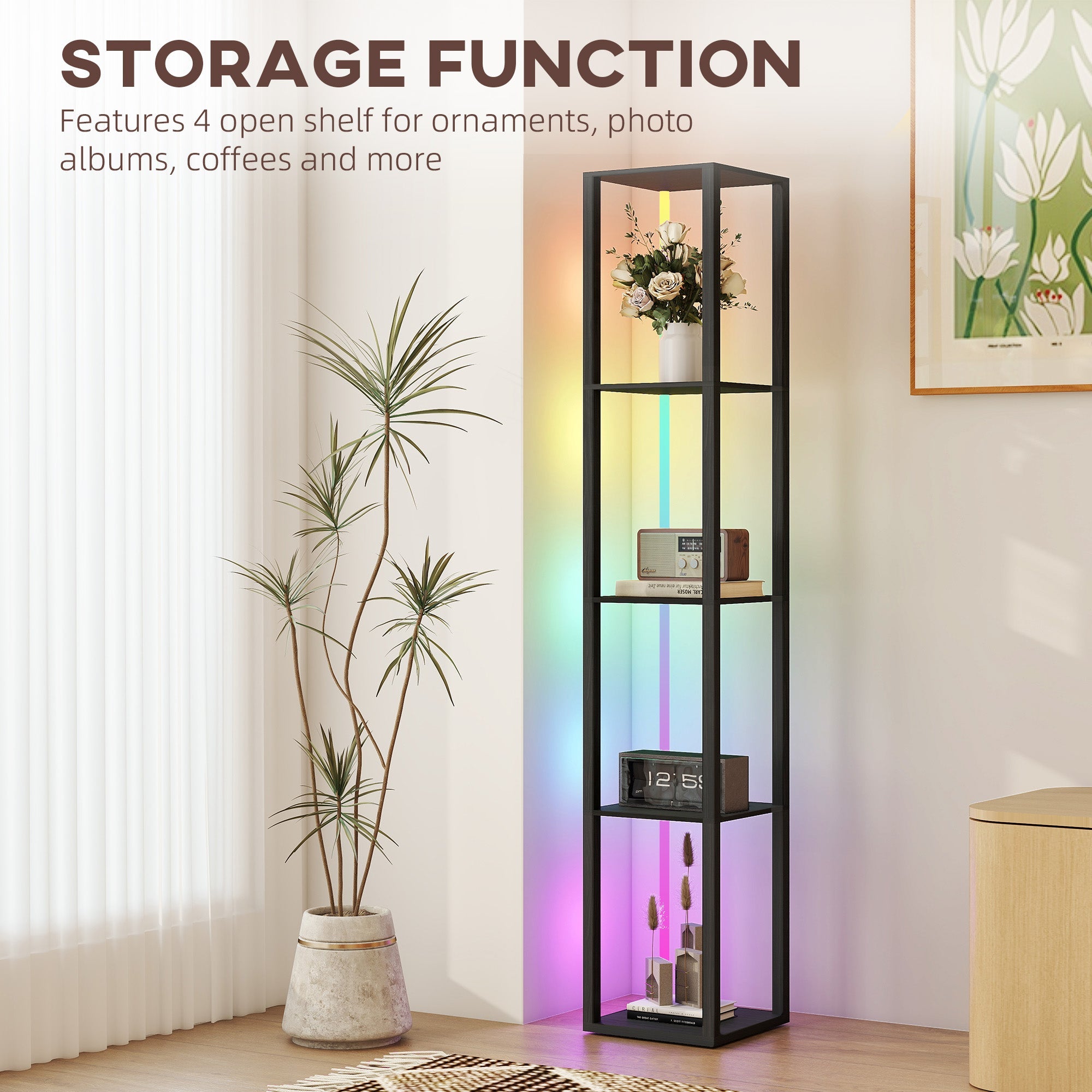 Black metal floor lamp with four shelves and rgb led rainbow lighting with remote control for living room use