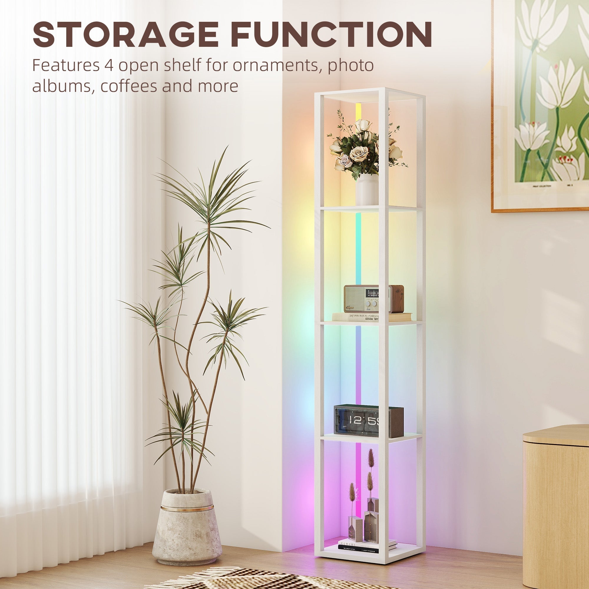 White rgb led floor lamp with shelves featuring a vertical rainbow light strip and remote control for adjustable brightness