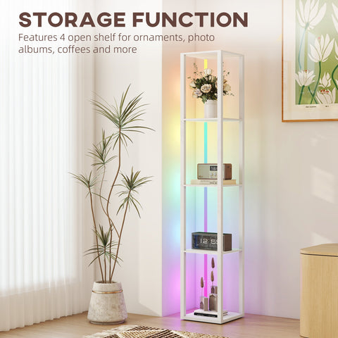 White rgb led floor lamp with shelves featuring a vertical rainbow light strip and remote control for adjustable brightness
