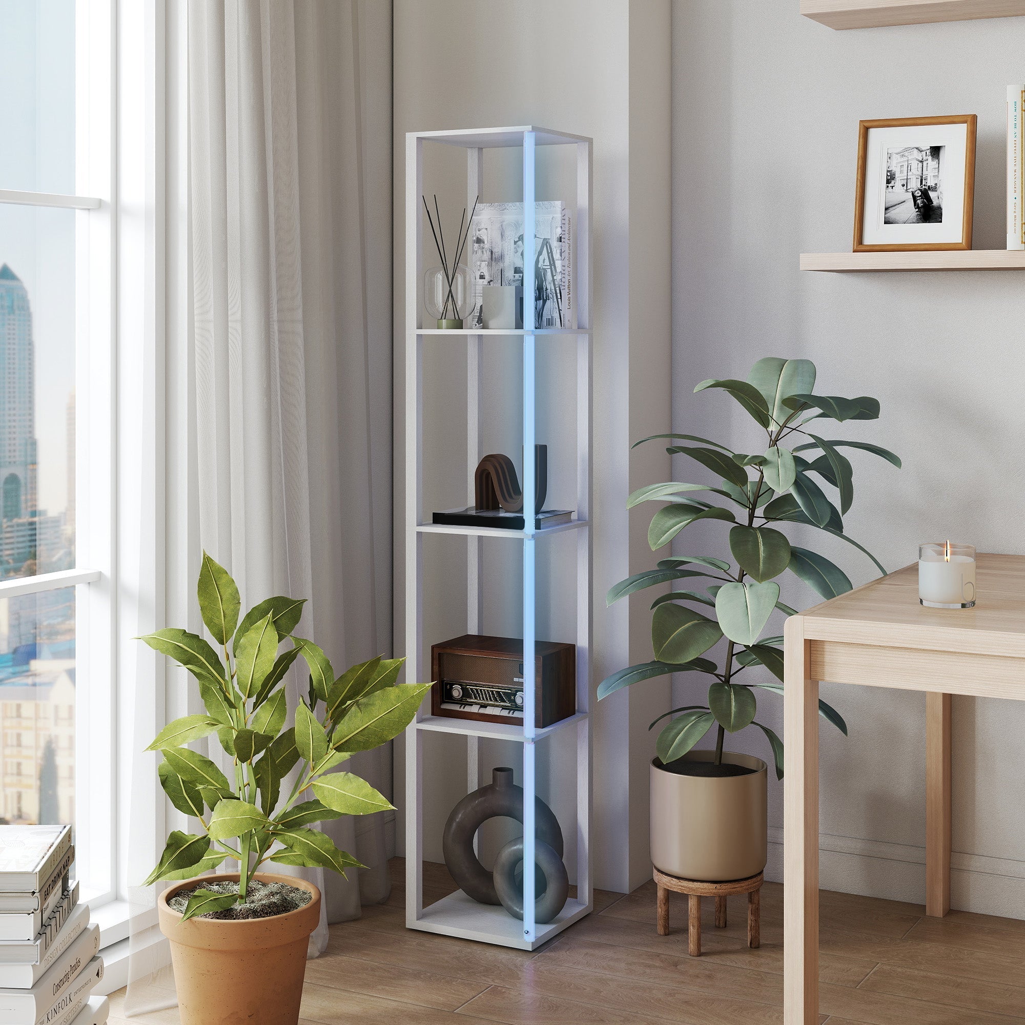White metal bookshelf with four shelves holding decor next to a white homcom rgb led floor lamp with remote control