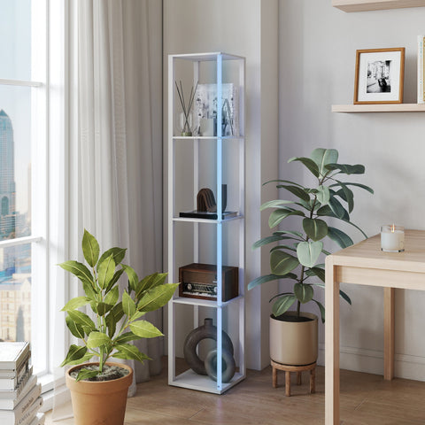 White metal bookshelf with four shelves holding decor next to a white homcom rgb led floor lamp with remote control