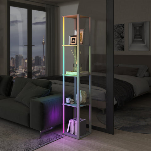 A modern grey rgb led floor lamp with sleek metallic shelves and remote control for living room or office lighting