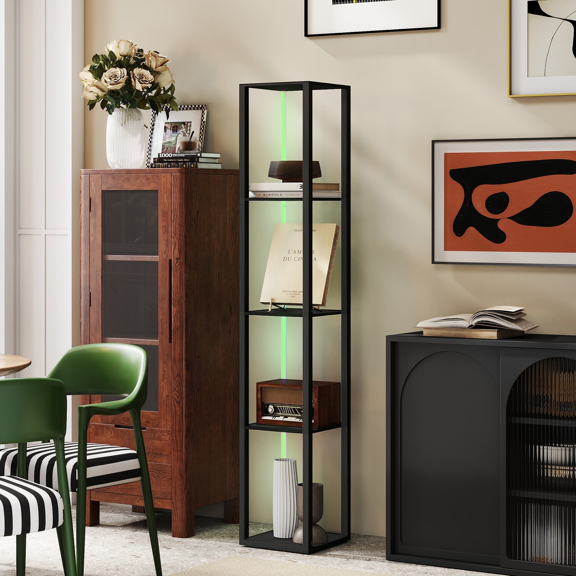 Black metal-framed rgb led floor lamp with glass shelves and remote control perfect for living room or office lighting