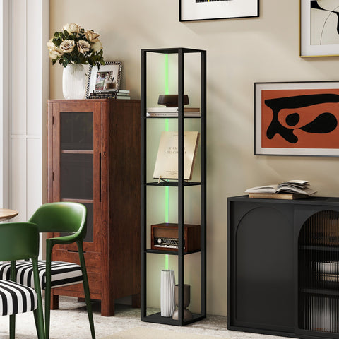 Black metal-framed rgb led floor lamp with glass shelves and remote control perfect for living room or office lighting