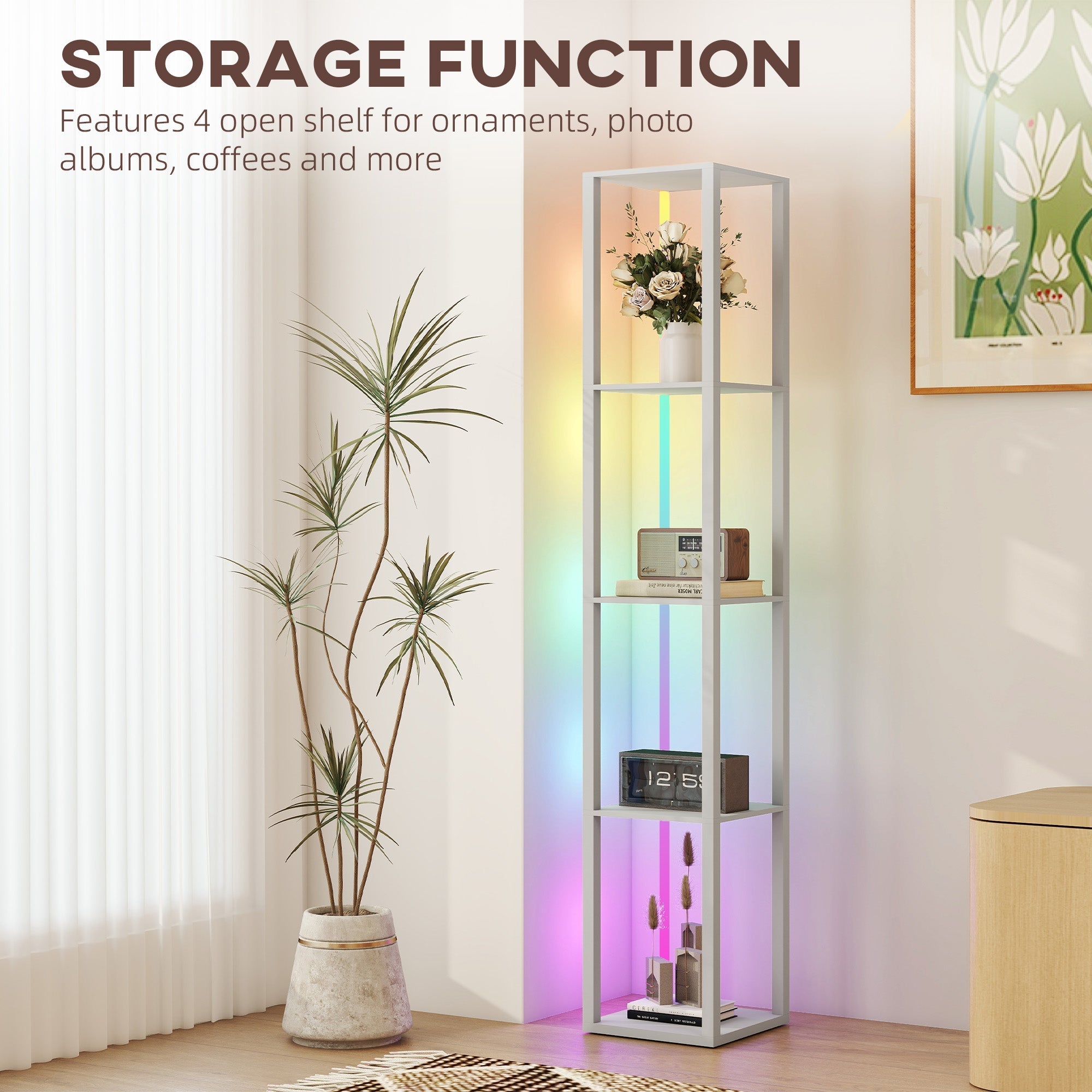 A sleek silver framed rgb led floor lamp with four shelves and remote control rainbow lighting in grey