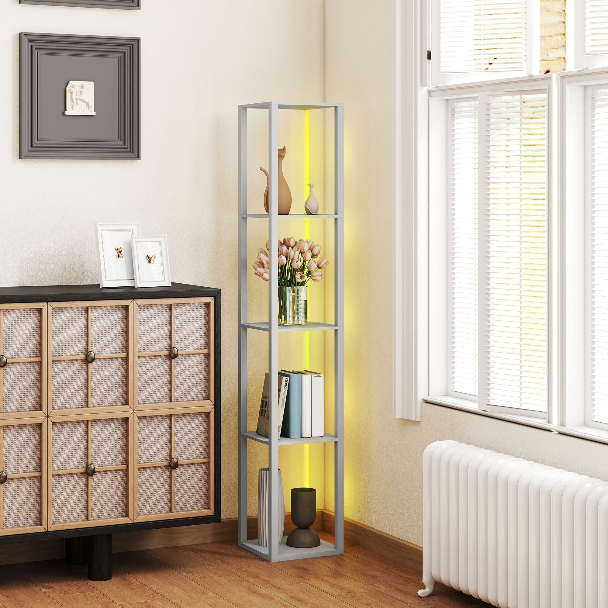 Silver metal corner rgb led floor lamp with illuminated yellow backlighting glass shelves and remote control