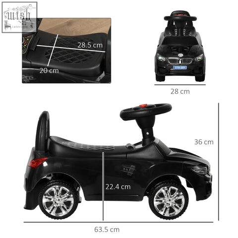 Black homcom ride on car toddler slider with steering wheel high backrest chrome rims and under-seat storage