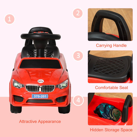 Red plastic homcom ride on car with black steering wheel and high backrest sliding car for toddlers
