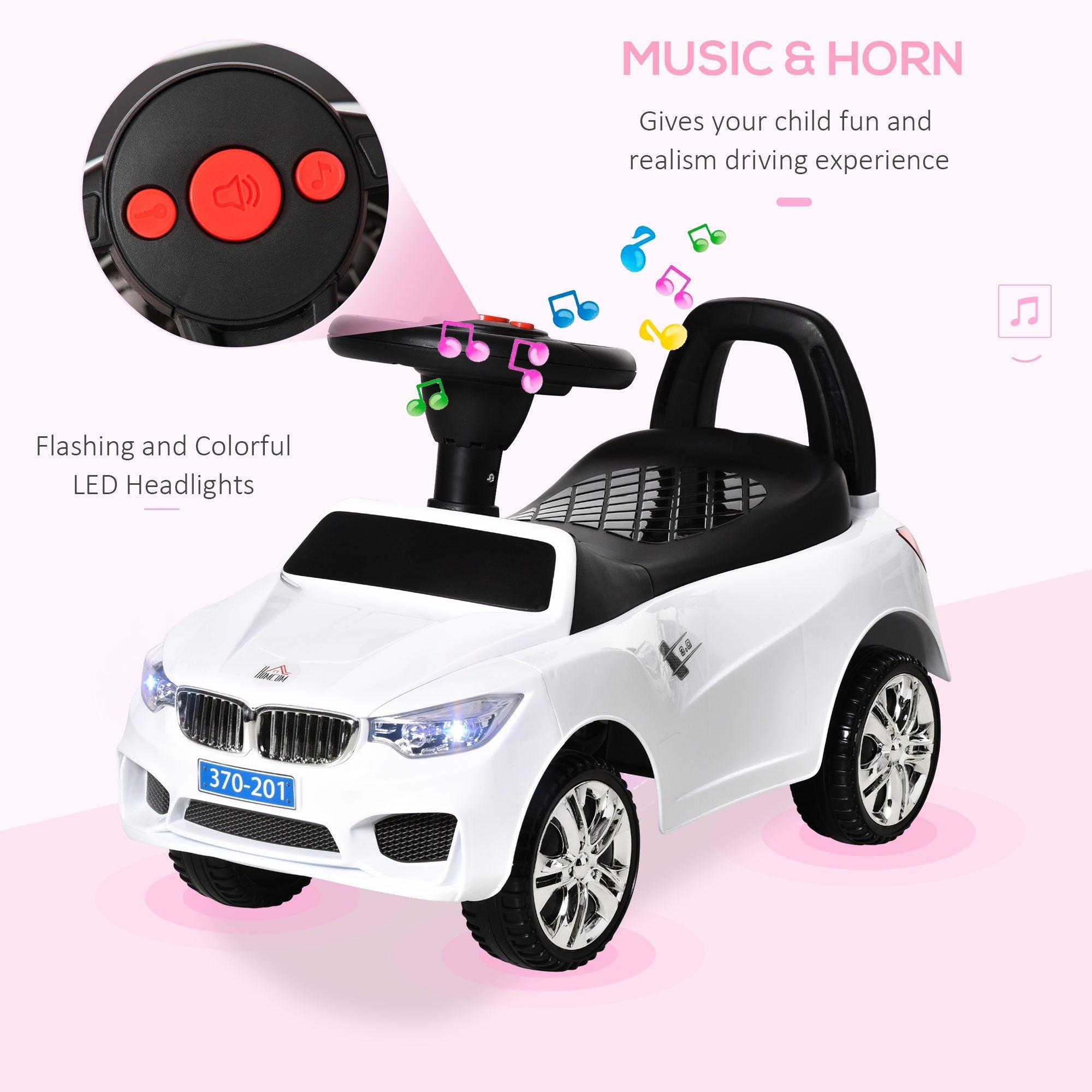 White homcom ride on car with steering wheel high backrest and under-seat storage for toddlers and babies