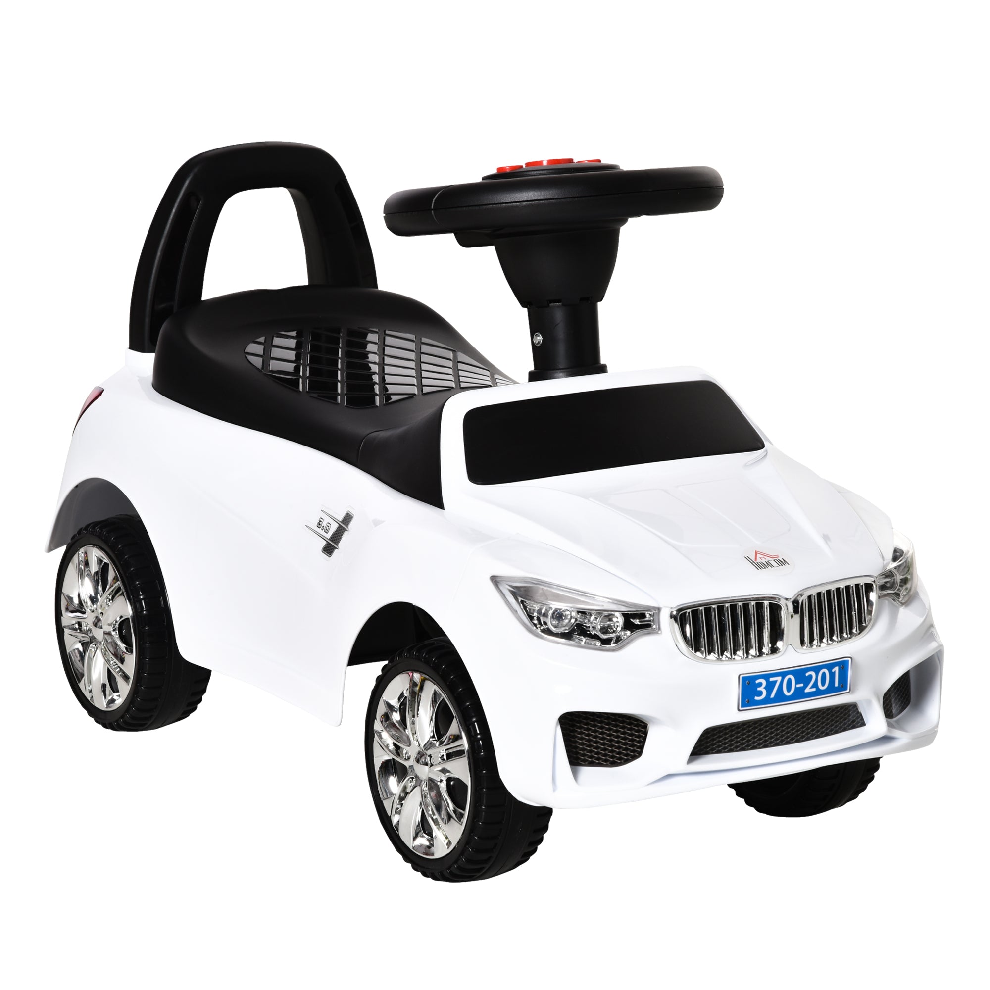 White homcom ride on car toddler slider with steering wheel high backrest and bmw style front grille